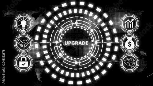 A glowing blue circular diagram with the word upgrade in the center and six surrounding icons representing business concepts.