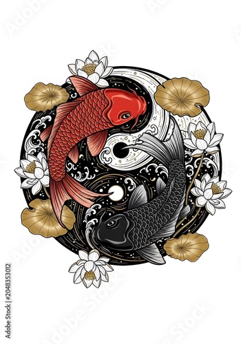 Red and Black Koi Fish Yin Yang Circle Japanese Tattoo Art with White Lotus Flowers