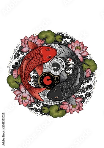 Japanese Koi Fish Yin Yang Mandala with Lotus Flowers Gold Border Traditional Art