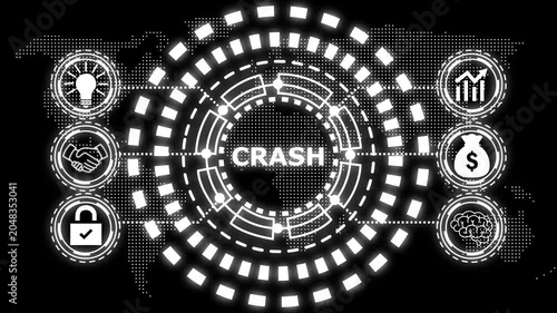 A glowing blue circular diagram with the word crash in the center and six surrounding icons representing business concepts.