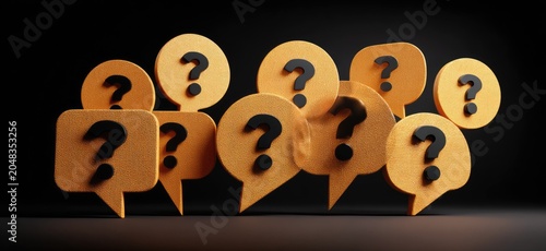 Several speech bubbles with textured orange surfaces float against a black background. Each bubble contains a large, black question mark