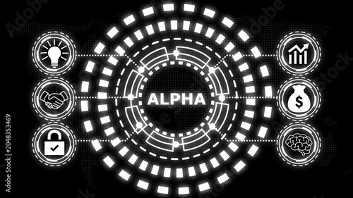 A glowing blue circular diagram with the word alpha in the center and six surrounding icons representing business concepts.