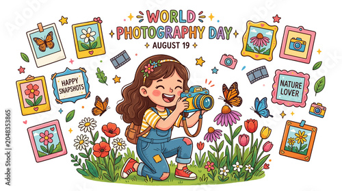 Fotografia Little girl holding a camera outdoors.