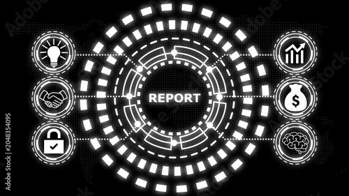 A glowing blue circular diagram with the word report in the center and six surrounding icons representing business concepts.