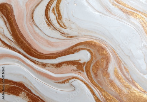 Swirling, textured artwork features flowing bands of gold, white, and blush pink hues, creating an elegant, abstract design