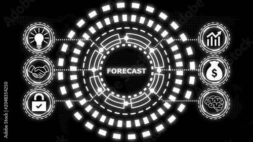 A glowing blue circular diagram with the word forcast in the center and six surrounding icons representing business concepts.