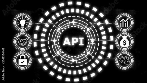 A glowing blue circular diagram with the word api in the center and six surrounding icons representing business concepts.