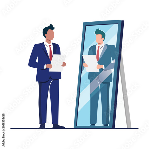 Man in Suit Looks at His Reflection in a Mirror