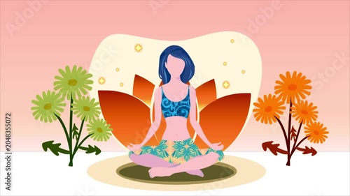 Animated Woman Meditating in Lotus Pose with Floral Background, Wellness and Mindfulness Concept