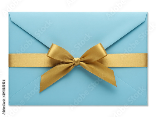 Elegant light blue envelope tied with a beautiful golden ribbon and bow, perfect for invitations and greeting cards