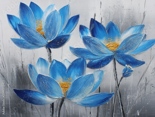 Three vibrant blue flowers with golden centers and detailed petals against a textured grey and white background, resembling brushstrokes