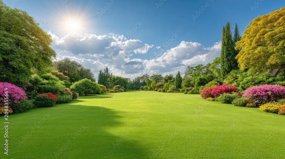 Fototapeta premium Vibrant Spring Garden Landscape with Colorful Flowers and Lush Green Lawn Under Bright Blue Sky with Fluffy Clouds and Shining Sunlight