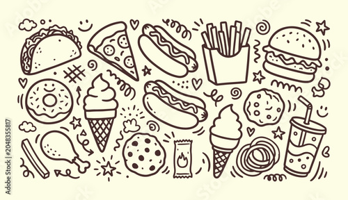 Schilderij op canvas Fast food doodle collection with burger taco pizza hot dog fries and dessert lin