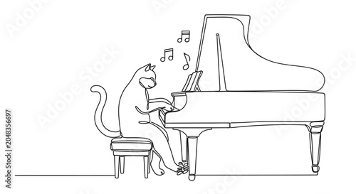 Принти на полотні Cat playing grand piano, continuous line drawing, musical notes