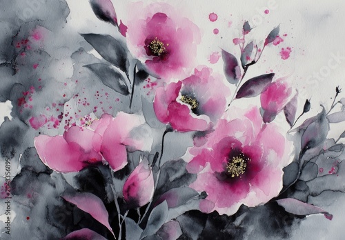 Watercolor floral painting featuring soft pink blooms with golden centers, set against a backdrop of muted gray and white hues