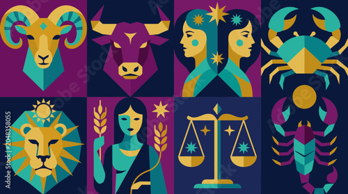 Colorful zodiac constellations and symbols representing astrological signs in a grid pattern on a dark background