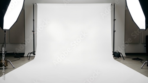 Pure white seamless paper curves gently from a studio wall onto the floor, creating a clean product photography backdrop surrounded by softboxes, stands, cables, and professional lighting equipment.