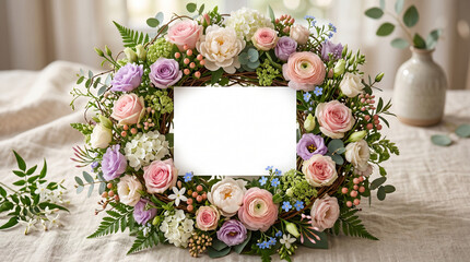 Vibrant and dense floral wreath featuring pink, purple, and white blossoms with sprigs of eucalyptus surrounding a blank white rectangular greeting card on a soft linen surface for Mother's Day.