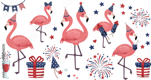 Watercolor illustration set of cute pink flamingos celebrating independence day with american flag decorations fireworks and festive party gifts