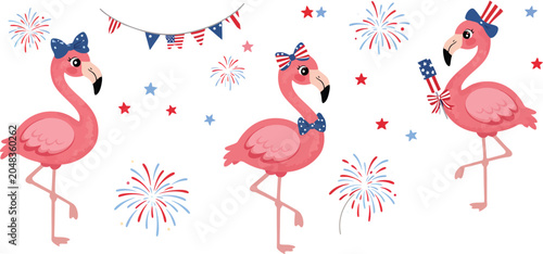 Cute watercolor pink flamingos celebrating fourth of july with american flag hats and festive fireworks on white background for holiday design