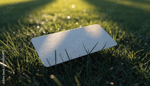 Premium blank VIP stadium ticket resting on lush green grass surface, professional sports event mockup for football match or concert, highly detailed photorealistic texture with copy space.