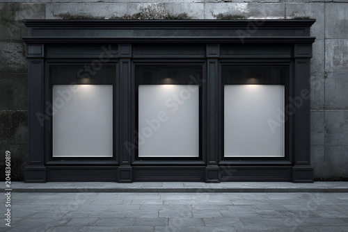 A dark, classic-style storefront with three illuminated display windows set against a textured, aged concrete wall, and paved ground