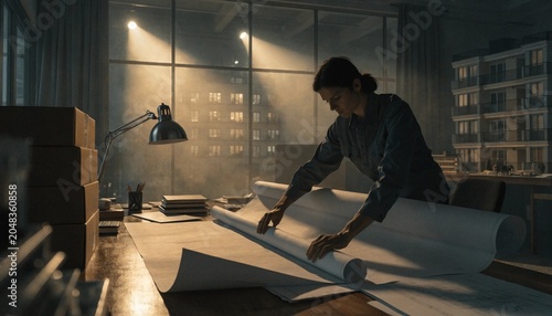 A professional architect unrolls a large blank blueprint document on a wooden construction desk, representing real estate development, urban planning, and architectural project mockups.