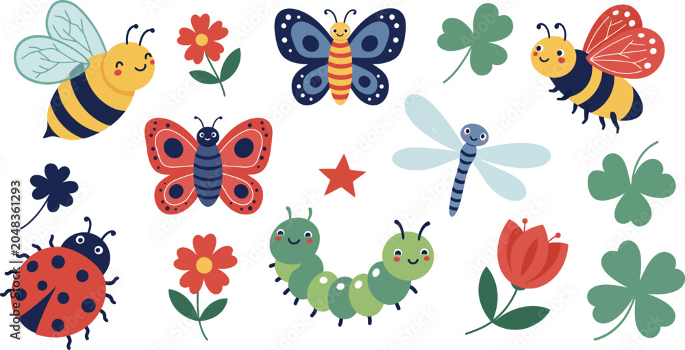 Obraz premium Set of cute hand drawn garden insects and flowers including butterflies bees ladybug and caterpillar on a white background