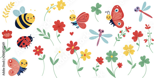 Cute hand drawn collection of garden insects and colorful spring flowers on a white background for kids nursery wall art