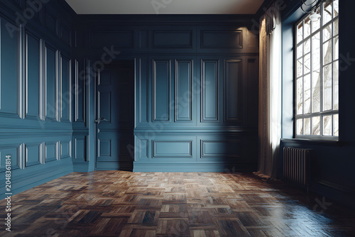 An empty room with blue paneled walls, wooden floor, tall window with drapes, and a closed door. Interior design