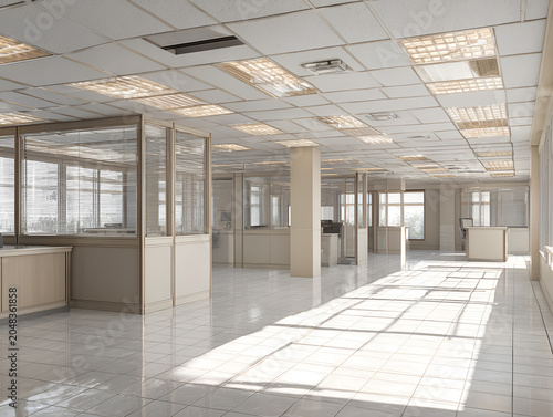 An empty office space with partitioned glass cubicles and abundant overhead lighting, creating a bright and sterile ambiance