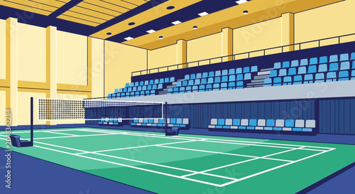 Slika na platnu Empty Indoor Badminton Court with Bleachers and Net