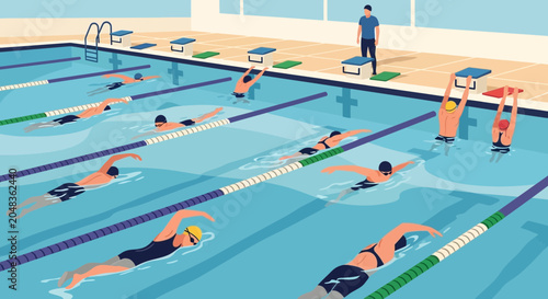 Foto Swimming lesson with instructor and children in pool, active lifestyle