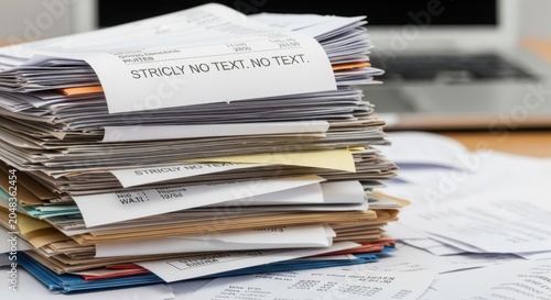 A large stack of financial records and documents piled high in an office setting, representing business organization and administrative tasks.