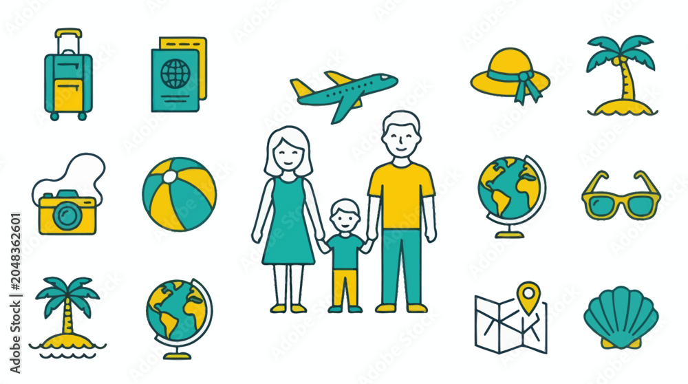 Fototapeta premium Family vacation and travel icons set on white background.