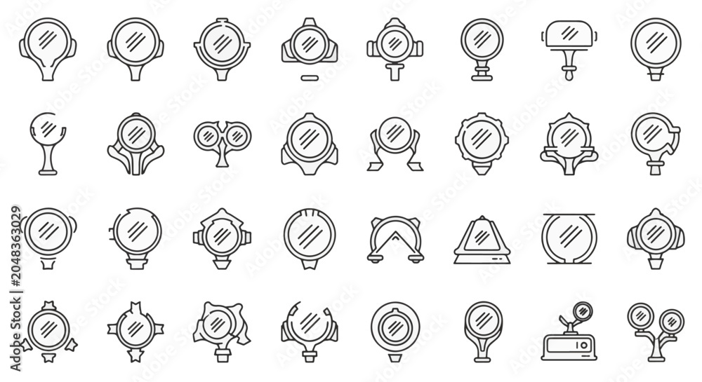 Fototapeta premium Set of 32 minimalist black outline icons depicting various styles of mirrors, magnifying glasses, and optical lenses for grooming and beauty applications on white background.