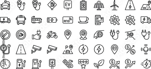 Minimalist black and white vector icon set of electric vehicle charging, smart transport, renewable energy, EV stations, and energy management symbols