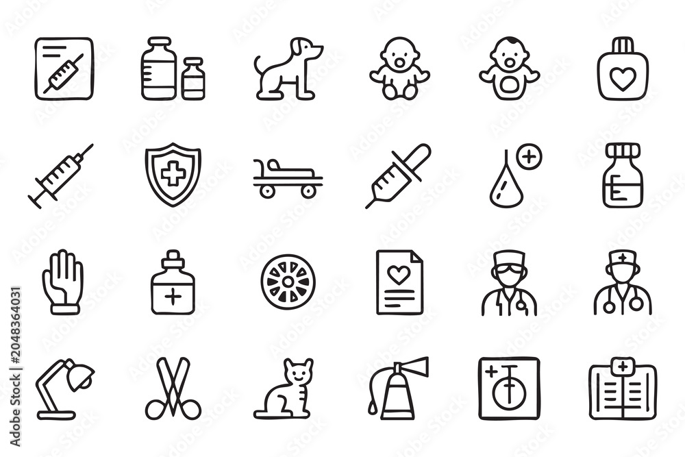 Fototapeta premium Pet Healthcare Line Icon Collection for Veterinary Clinics Vaccination and Animal Wellness