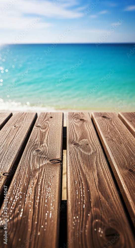 Obraz premium Close-up of a wooden pier leading to a vibrant blue ocean and sky, symbolizing travel, relaxation, and summer escape