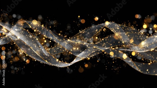 Abstract flowing lines with golden particles on black background illustration