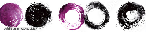Five abstract circular brushstroke shapes arranged on a white background, varying in color and texture from solid to hollow, complete to fragmented