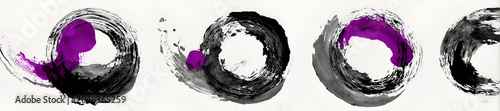 Four abstract circular brushstrokes with variations in color and shape, showcasing a blend of black, gray, and purple. The white background creates contrast