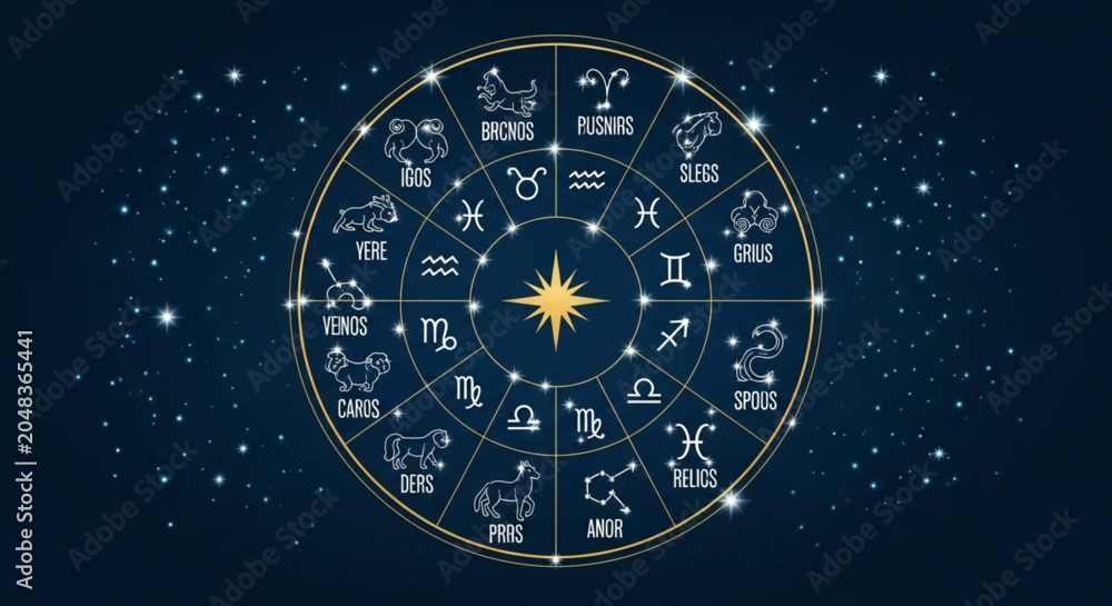 Obraz premium Mystical Zodiac Wheel on Starry Night Sky – Astrology, Horoscope & Celestial Symbols Background