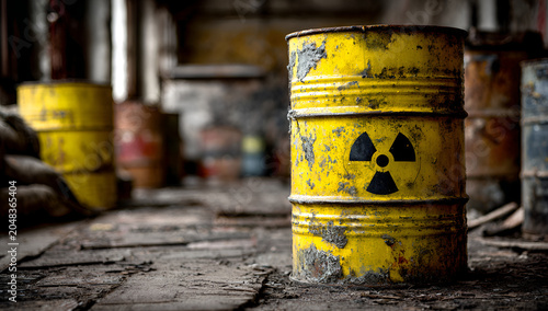 Close-up of yellow rusted drums with radiation symbols, conveying danger in a dilapidated industrial setting. Other drums blur in background
