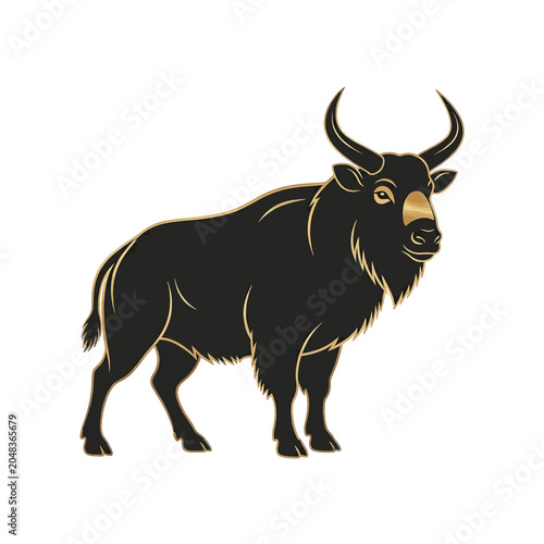 Stylized vector illustration of a noble goral or takin wild bovid animal, featuring a black body with gold-toned highlights and outlines, isolated on a plain white background.