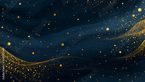 An abstract dark blue background with flowing gold glitter and scattered gold orbs creating a celestial aesthetic