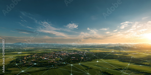 Aerial view of a village with connectivity overlay. Rolling hills, lush green fields, and a beautiful blue sky with the golden light of the sun setting
