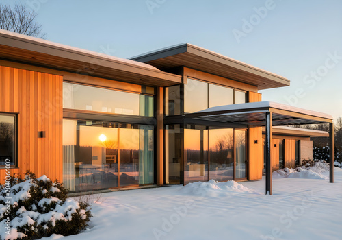 Modern house with large windows and wooden siding in winter landscape at sunset
