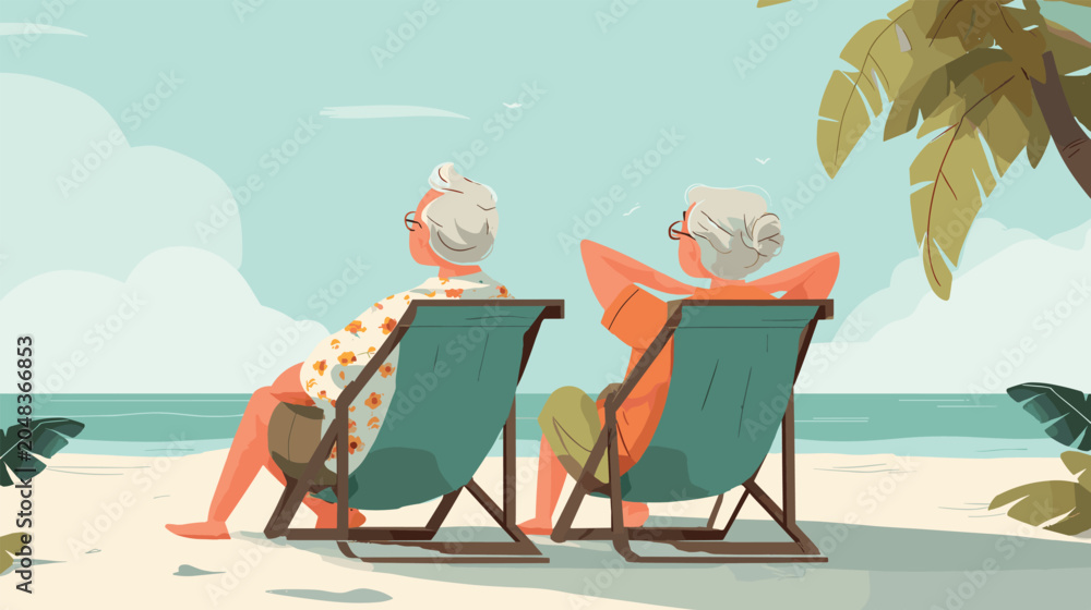 Naklejka premium Elderly couple beach. Old man senior woman sunbathing deckchair white sand seashore tropical island palm leaves happy retirement elder relaxing summer vacation vector illustration