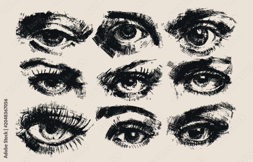 Obraz premium Eyes brush sketch. Eye vision hand pencil drawing, open closed eyeball abstract draw black paint art eyelash brows beauty eyebrow crayon chalk grunge charcoal vector illustration